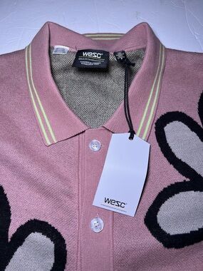WESC Pink Floral-Intarsia Knit Polo with Lime Trim